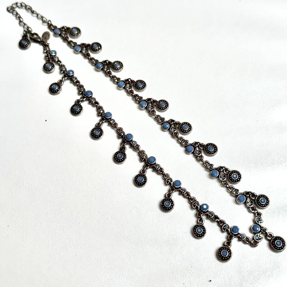 Premier‎ Designs Silver Tone Boho Charm Necklace Blue Stones Dangle Choker Clasp